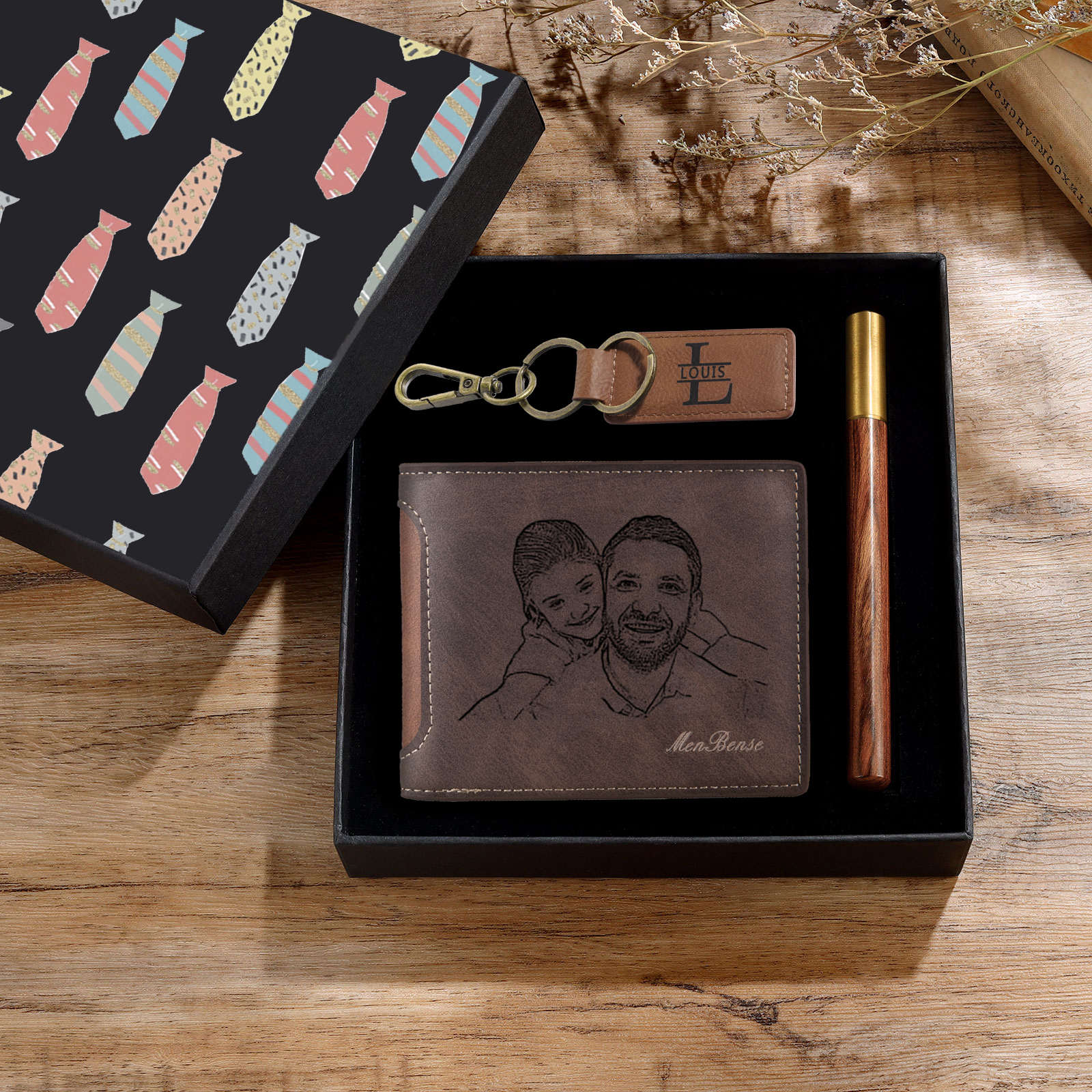 Personalized Leather Wallet Gift Box Set with Letter Name Keychain Customizable Photo and Text Wallet Gift for Him
