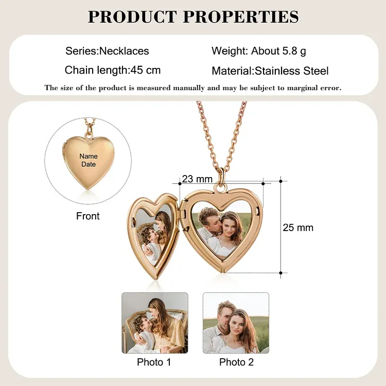 Collana acciaio inox con un ciondolo di cuore 1 foto 1 nome e 1 data personalizzabili per coppia