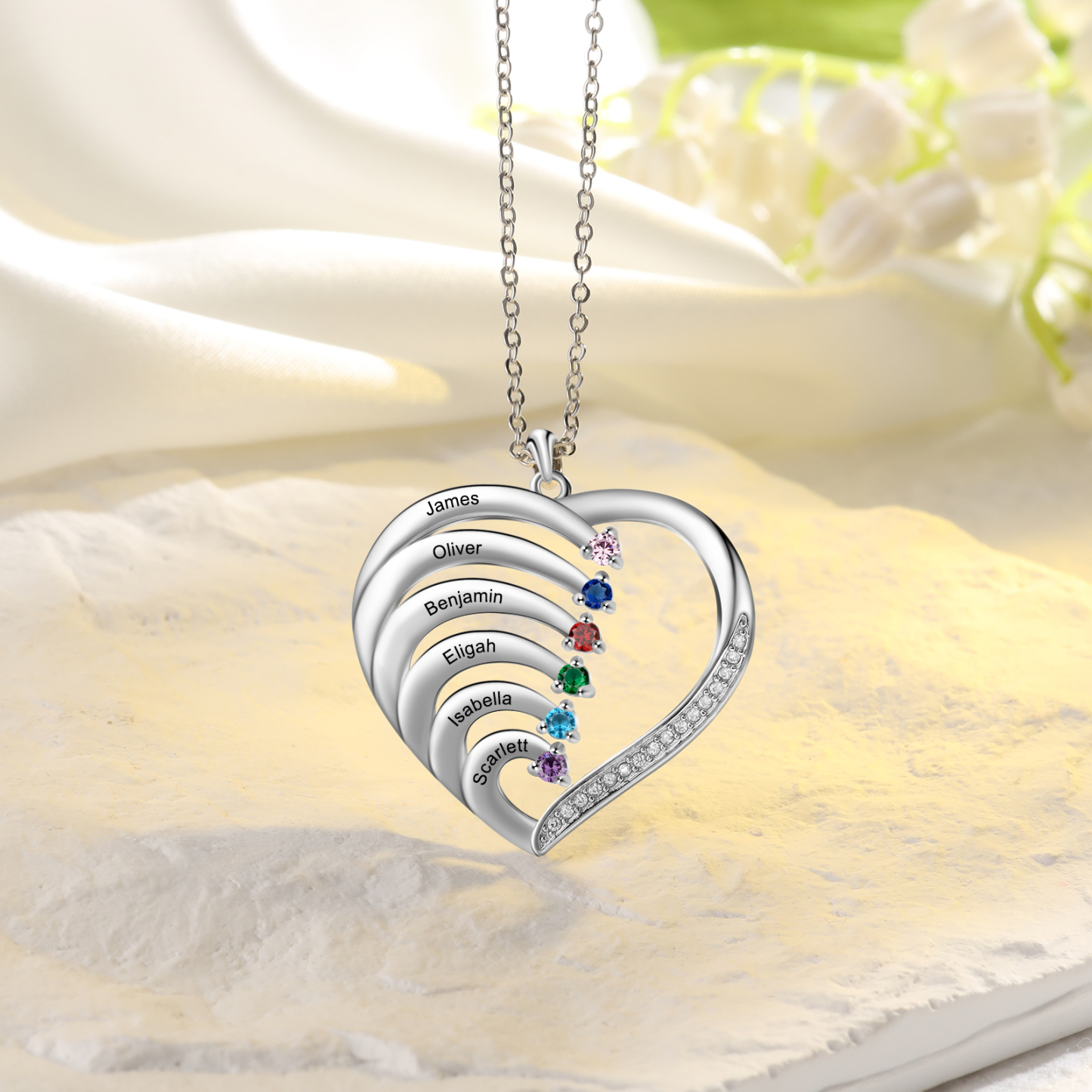 Argento S925 Collana con 6 nomi personalizzati e 6 pietre di nascita in ciondolo a cuore