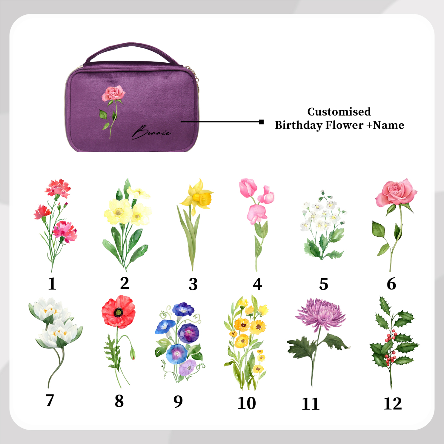 Borsa portabile per cosmetici in flanella per donna 1 nome e 1 fiore di nascita personalizzato multicolori da scegliere