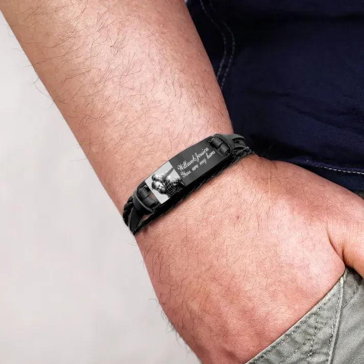 Braccialetto in pelle intrecciata personalizzato con 1 testo e 1 foto Braccialetto maschile
