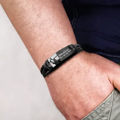 Braccialetto in pelle intrecciata personalizzato con 1 testo e 1 foto Braccialetto maschile