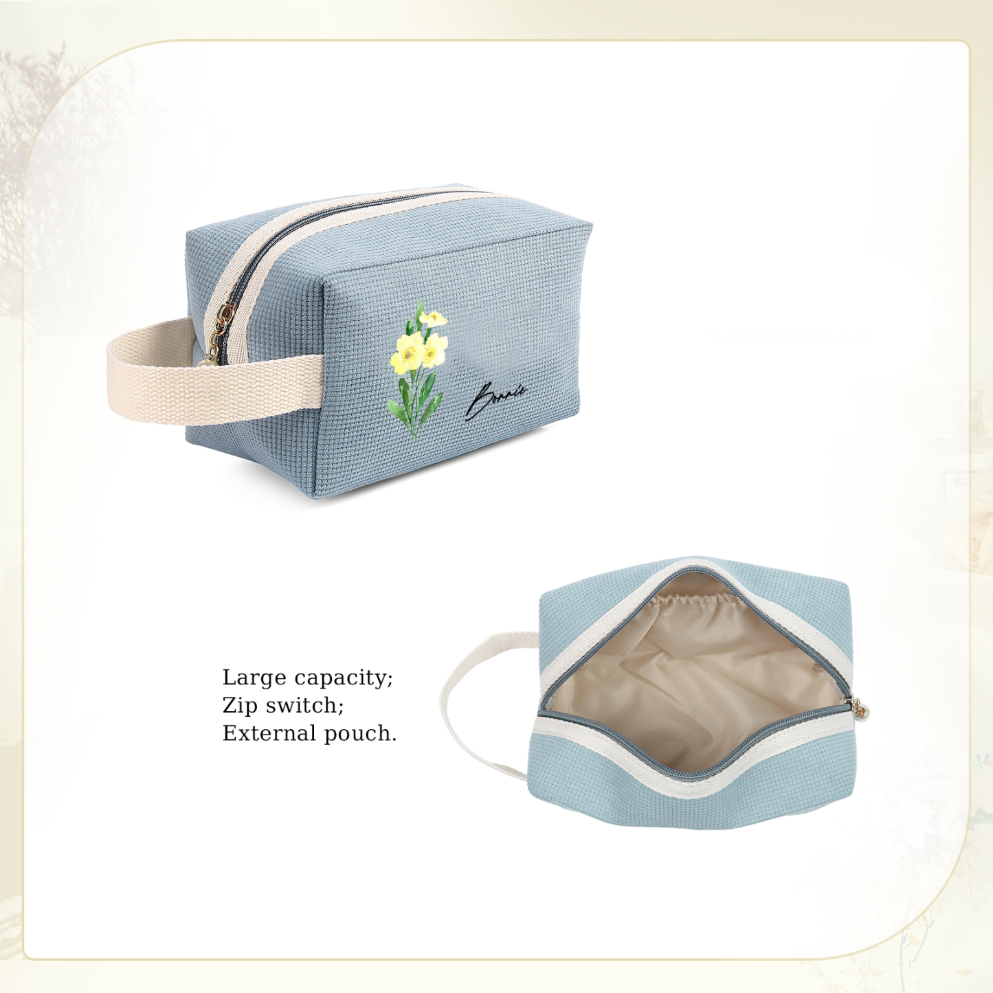Borsa portabile per cosmetici in velluto a coste 1 nome e 1 fiore di nascita personalizzato multicolori da scegliere