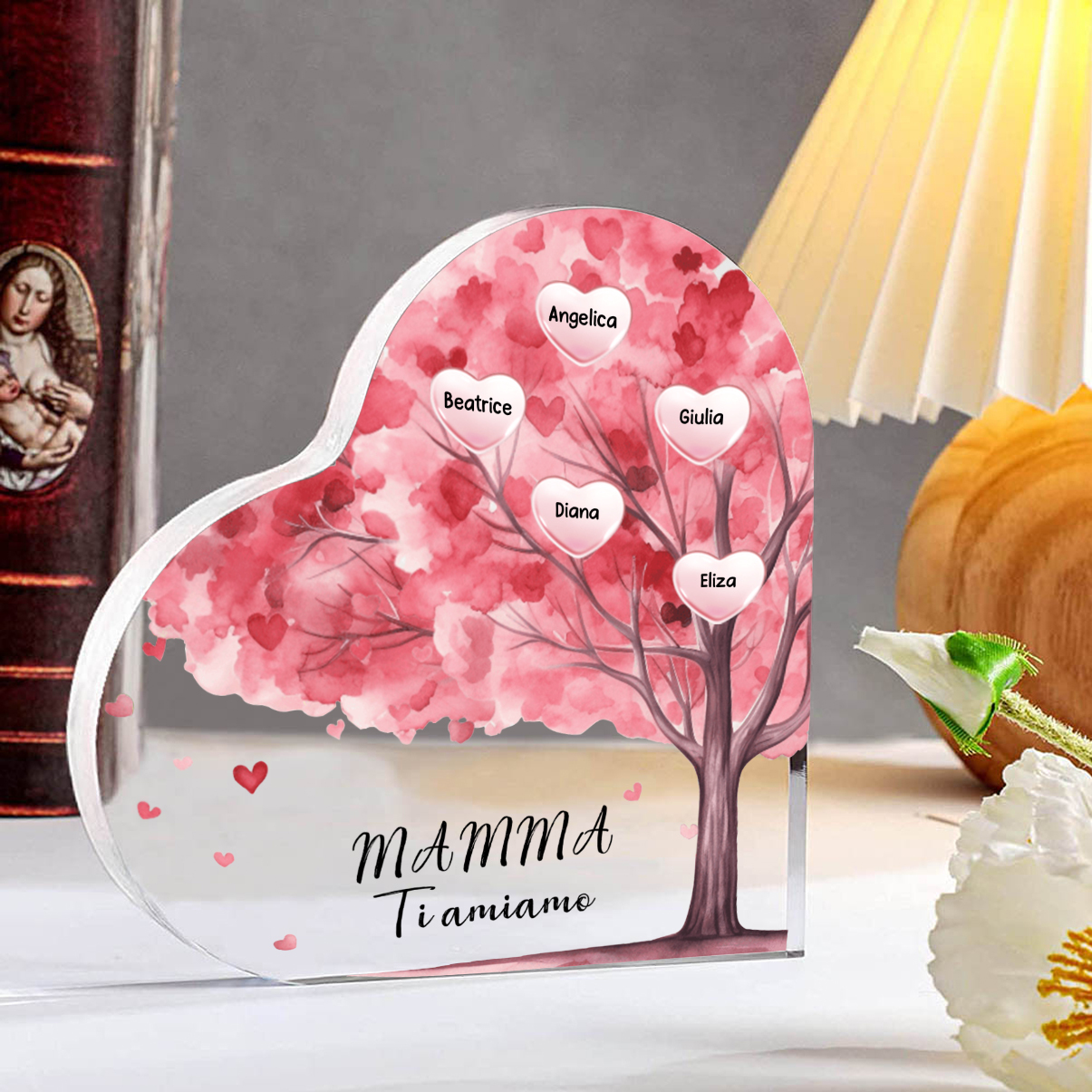 Targa Personalizzata in Acrilico a Forma di Cuore con Albero Genealogico – Regalo per la Mamma – Con 1-12 Nomi, 2 Testi Personalizzabili e 2 Colori