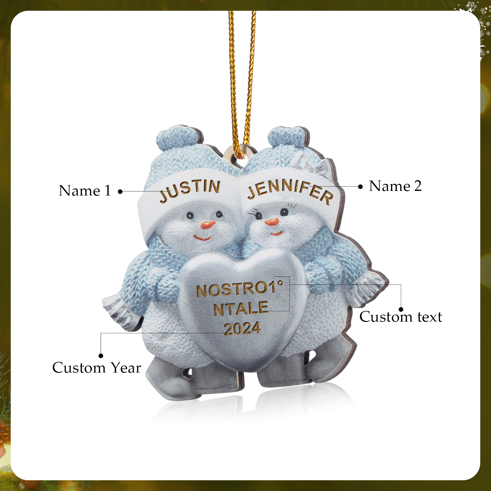 Portachiavi Natalizio Personalizzato con 2 Nomi & 1 Anno & 1 Testo – Regalo di Natale per Famiglia | Jessemade