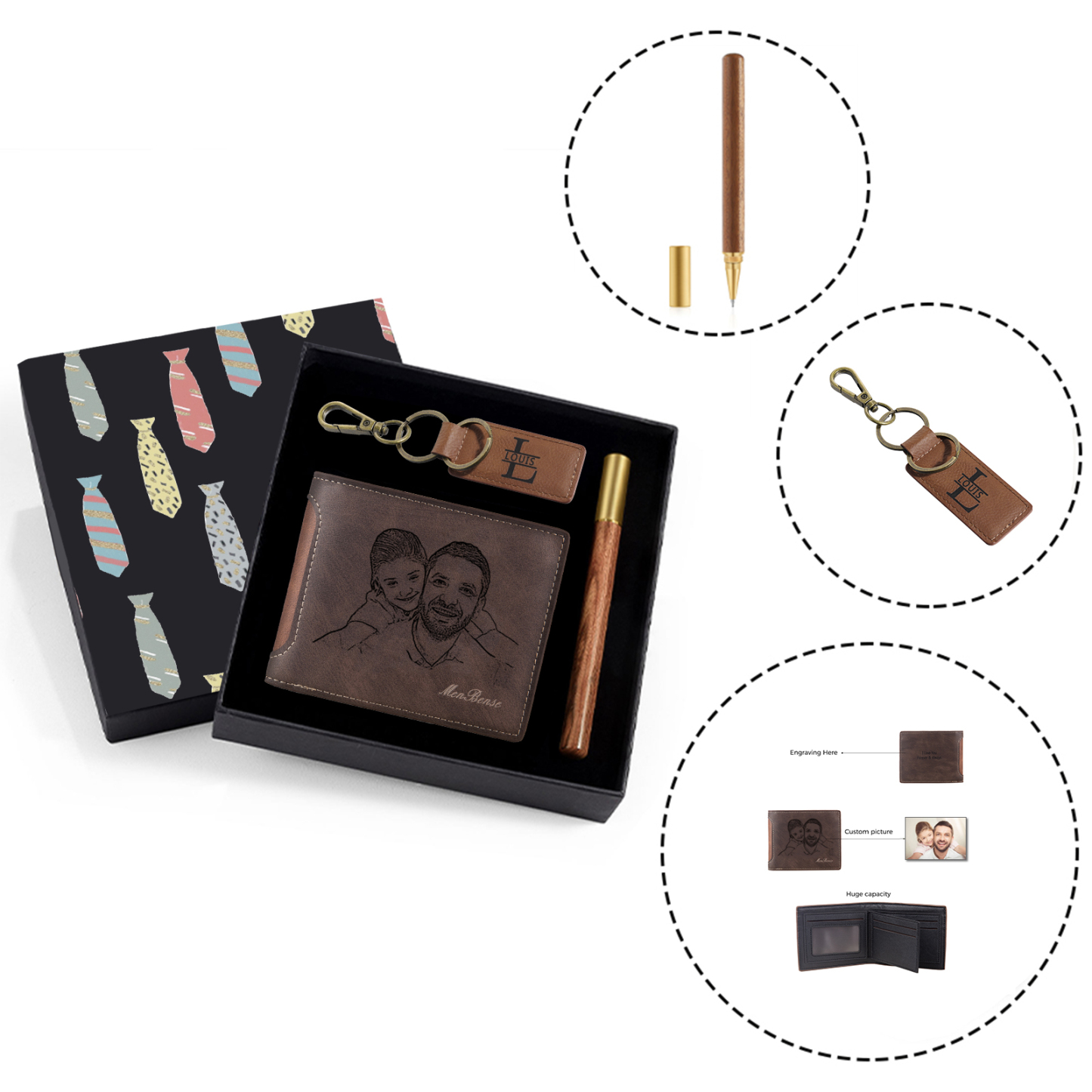 Personalized Leather Wallet Gift Box Set with Letter Name Keychain Customizable Photo and Text Wallet Gift for Him