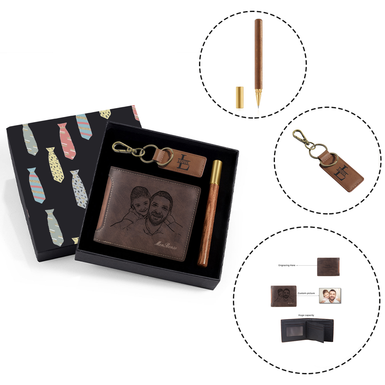 Personalized Leather Wallet Gift Box Set with Letter Name Keychain Customizable Photo and Text Wallet Gift for Him