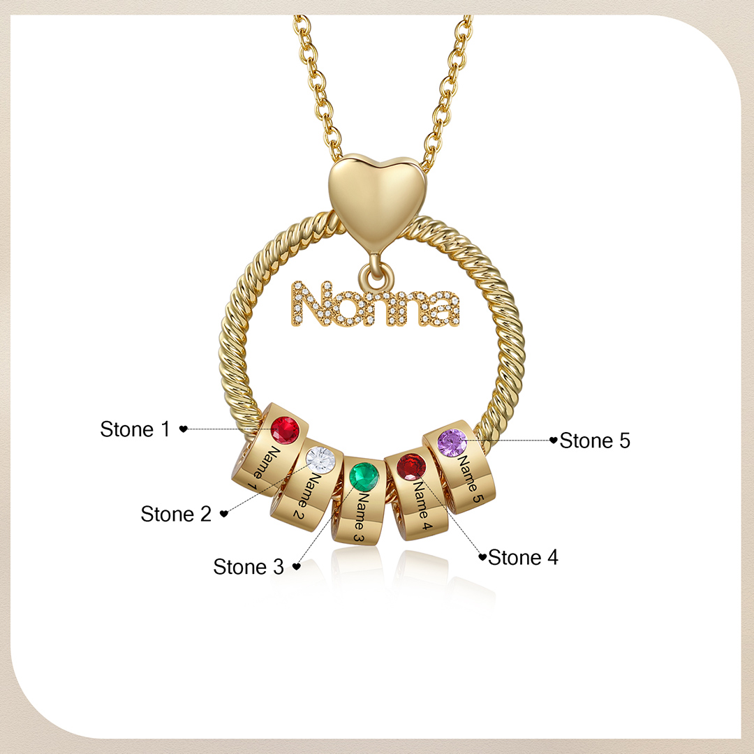 Collana con ciondolo nonna 5 nomi incisioni e pietre di nascita personalizzate