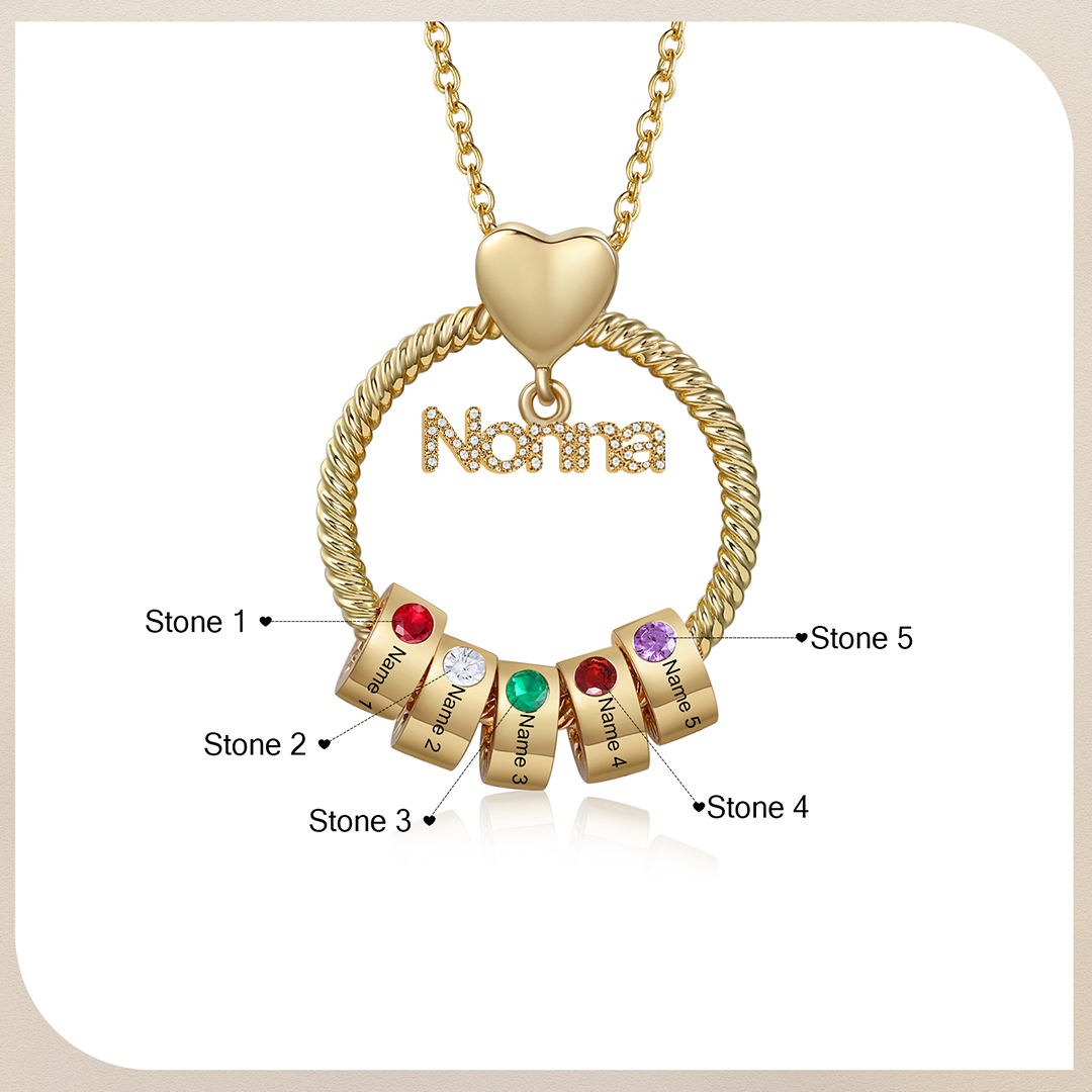 Collana con ciondolo nonna 5 nomi incisioni e pietre di nascita personalizzate
