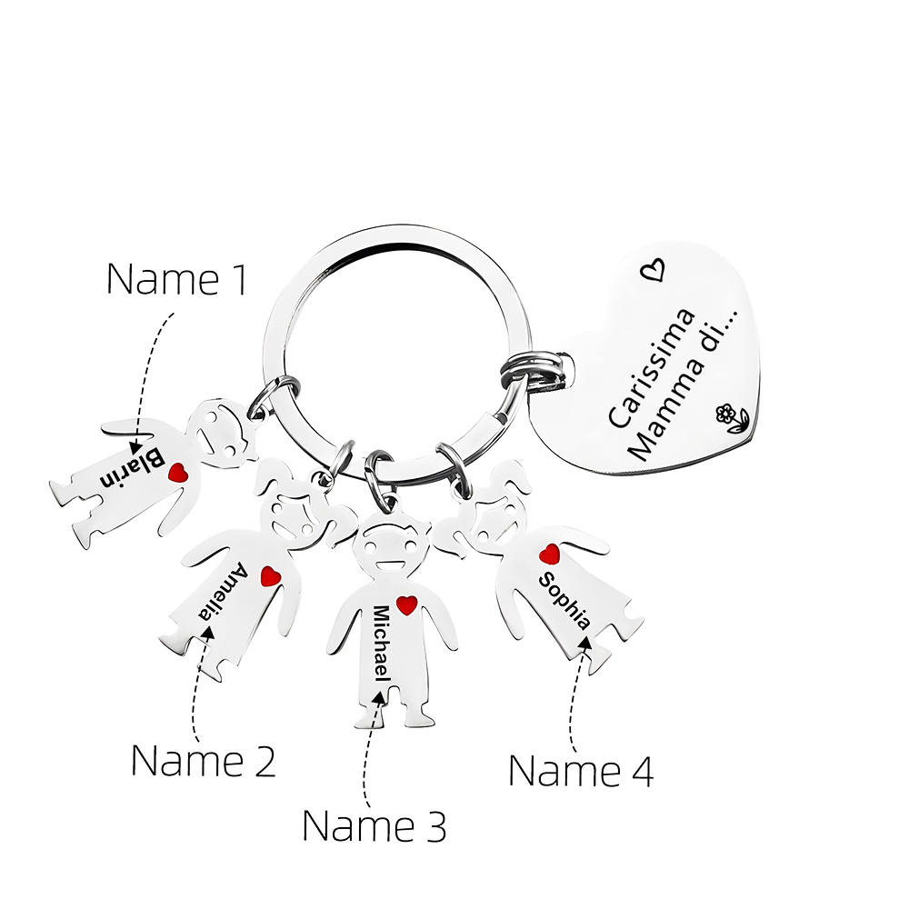 Festa della Mamma Carissima mamma di-Portachiavi a cuore con 4 ciondolo bambino 4 nomi personalizzato regalo per mamma