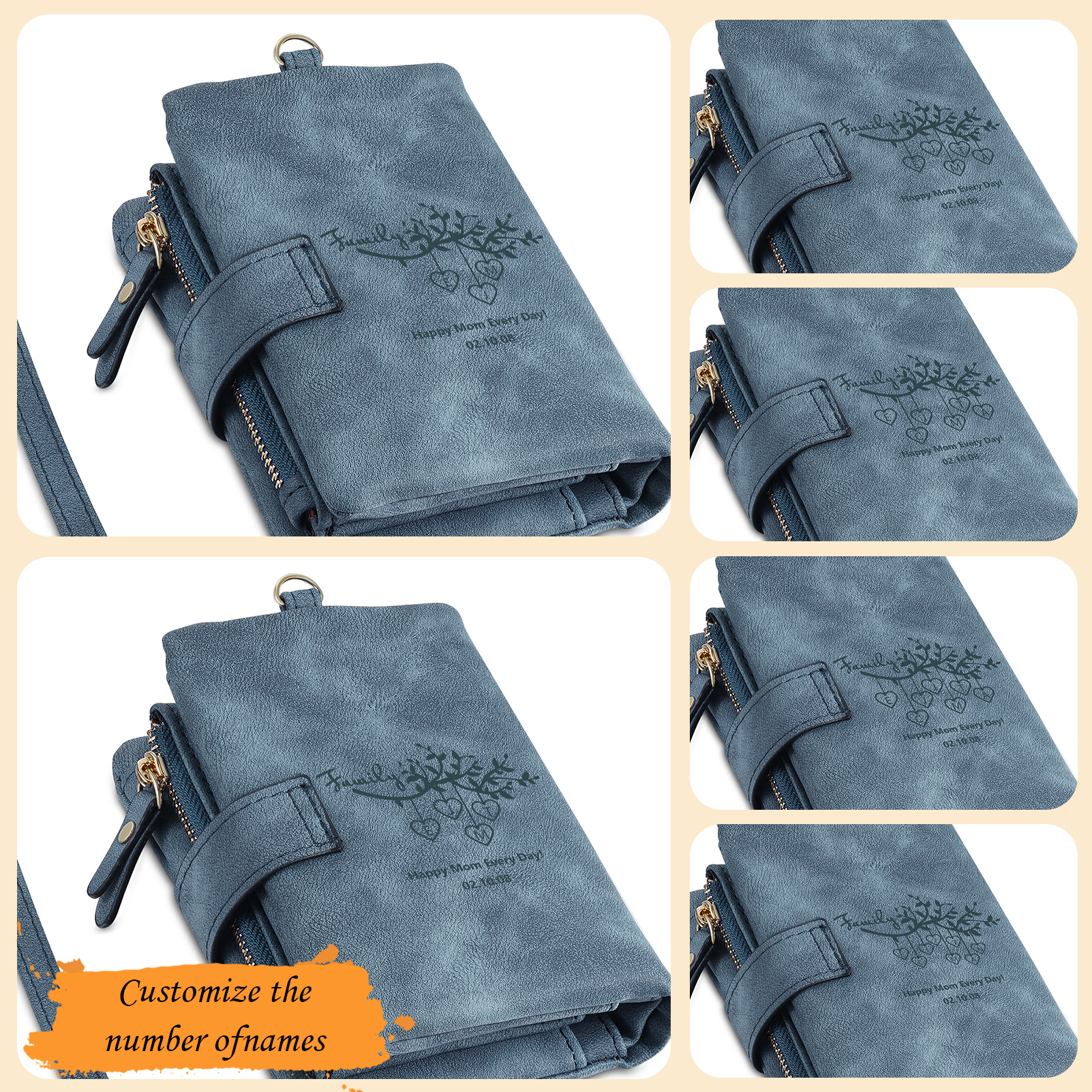 Portafoglio in PU pelle albero di vita con 4 letetre & 1 testo & 1 nome personalizzati per mamma/nonna