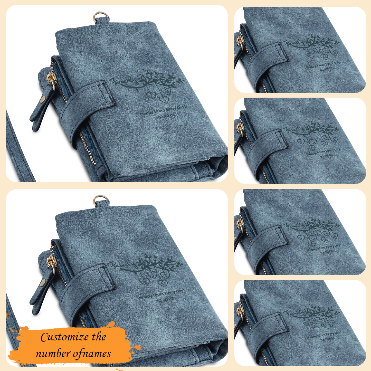 Portafoglio in PU pelle albero di vita con 4 letetre & 1 testo & 1 nome personalizzati per mamma/nonna