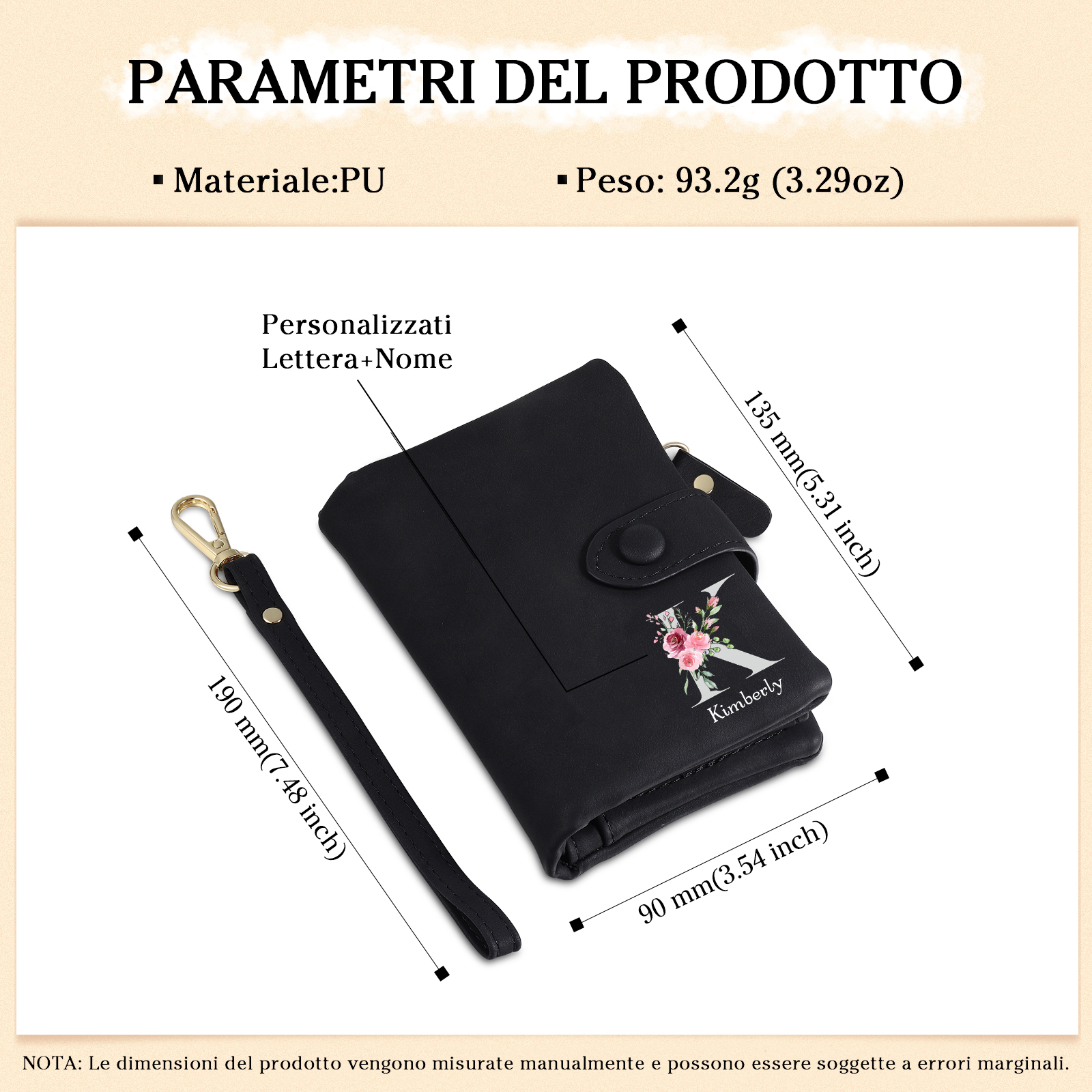 Portafoglio mano nella mano in PU pelle con 5 nomi & 1 testo & 1 lettera personalizzati per mamma