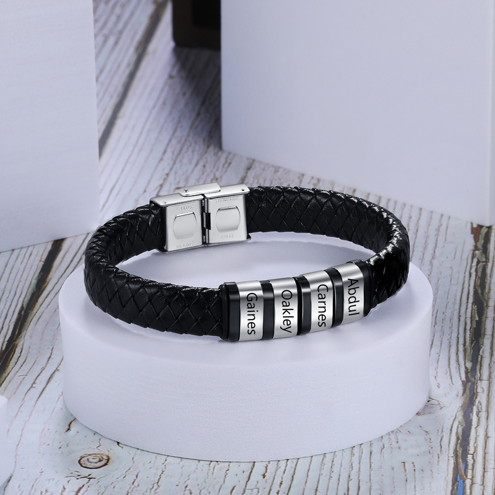Braccialetto in pelle intrecciata Bracciale maschile con 4 perline e 4 nomi personalizzati
