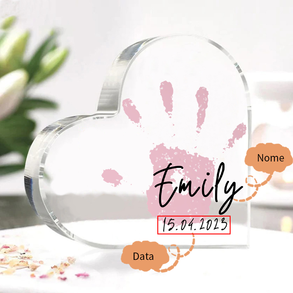 Decorazione acrilica impronta di mano a forma di cuore 1 nome e 1 data personalizzati