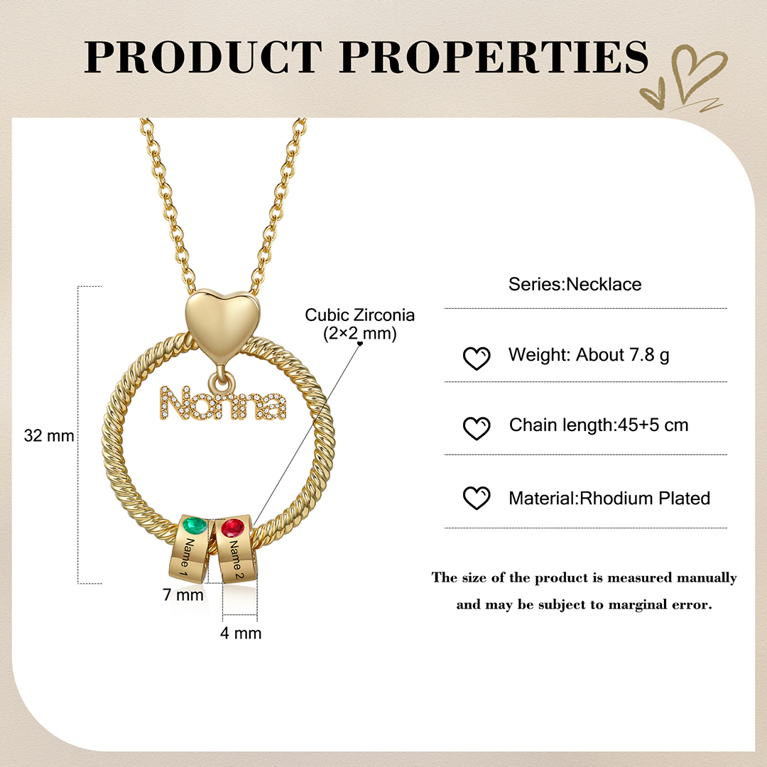 Collana con ciondolo nonna 2 nomi incisioni e pietre di nascita personalizzate