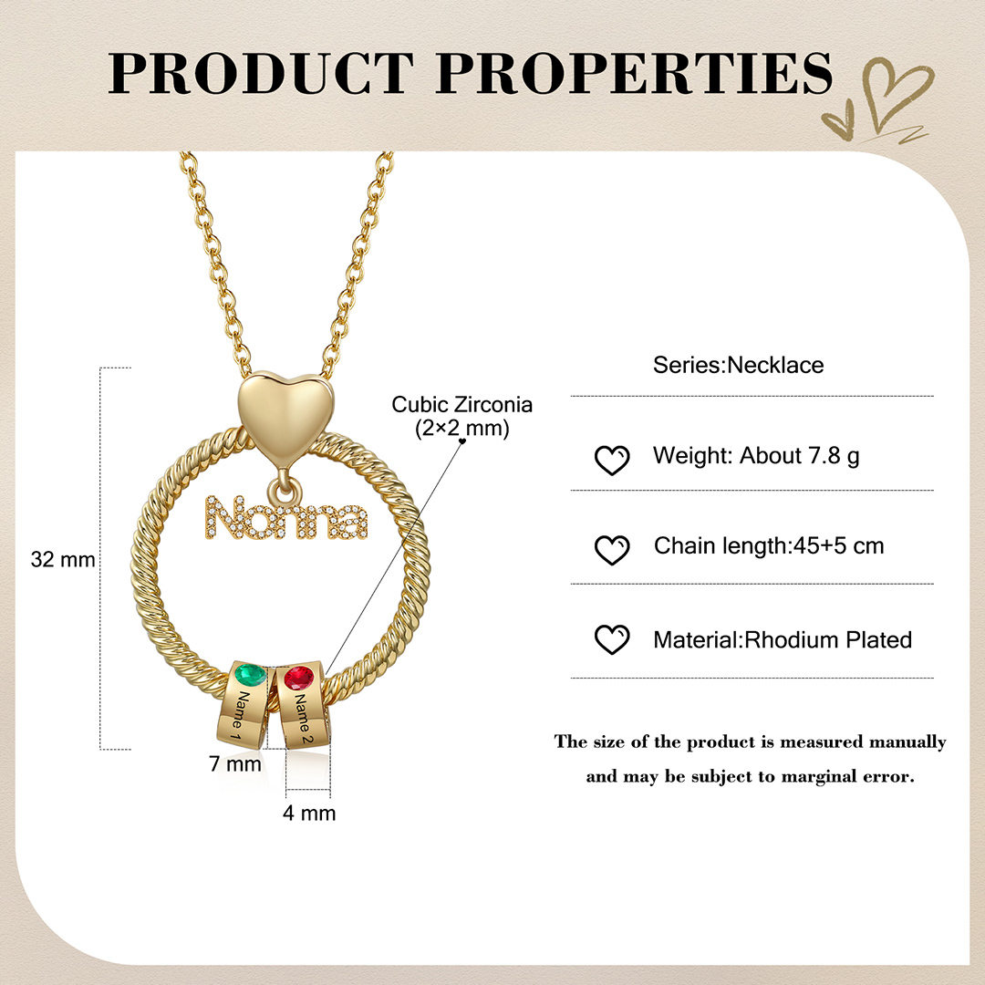 Collana con ciondolo nonna 2 nomi incisioni e pietre di nascita personalizzate