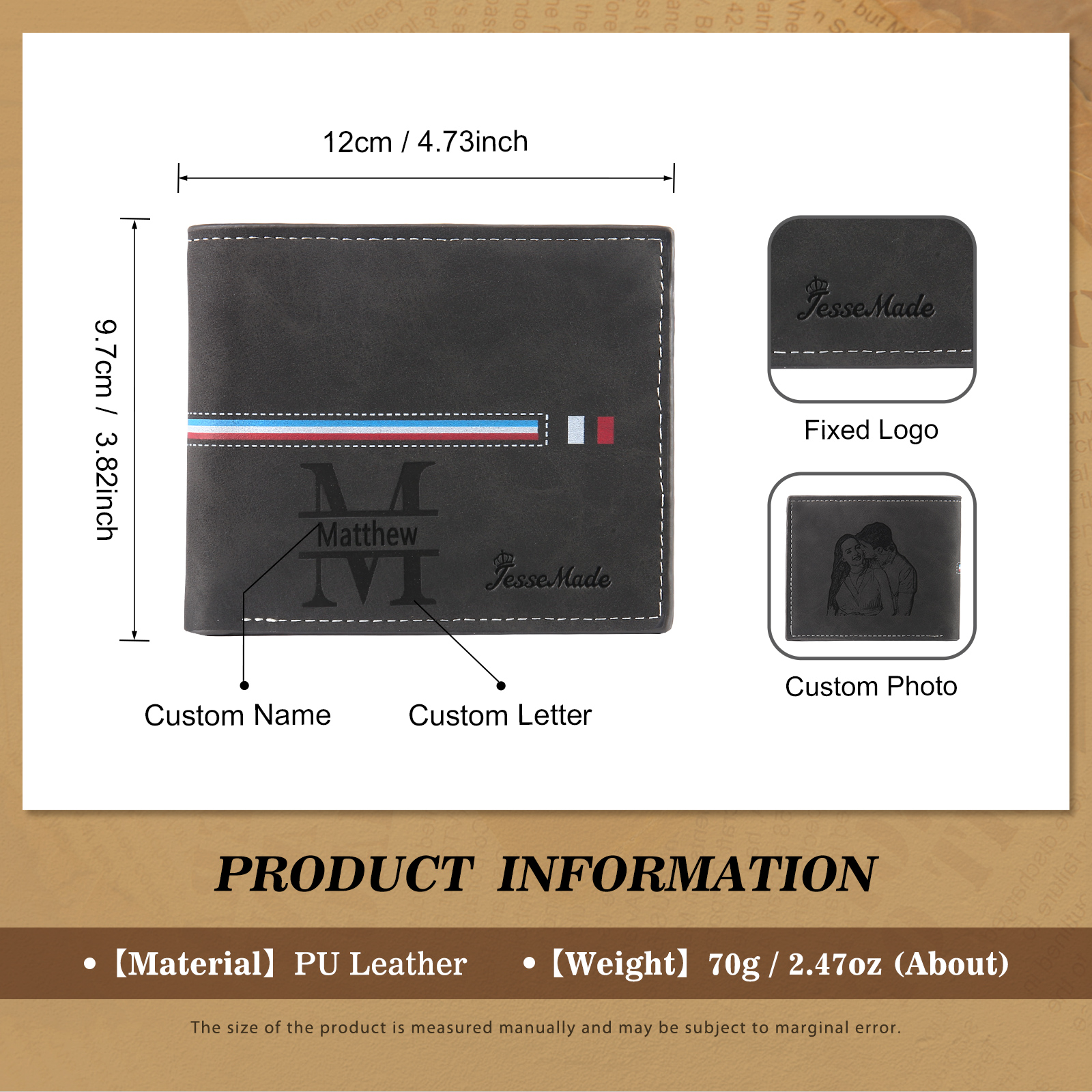 Portafoglio in PU pelle da uomo 1 nome 1 lettera e 1 foto personalizzabili regalo per uomo