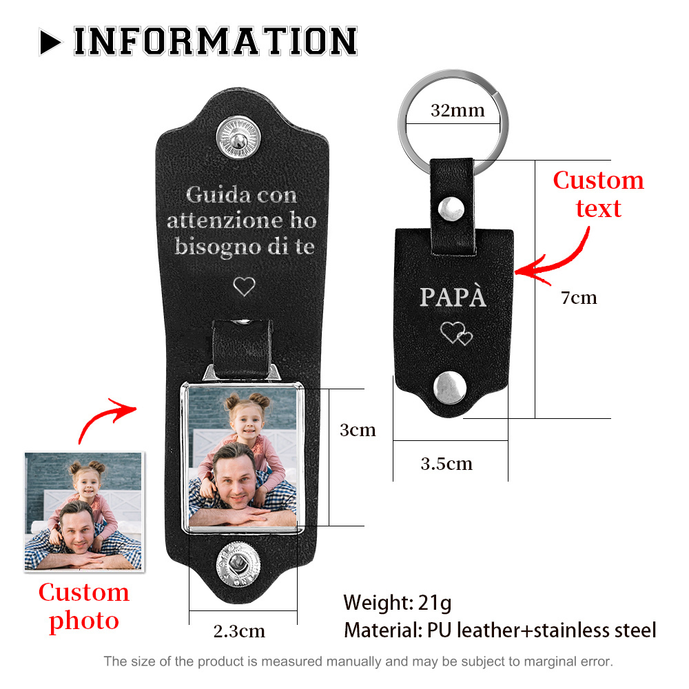 Guida con attenzione-Portachiavi Pelle 1 foto e 1 testo personalizzabili per Papà