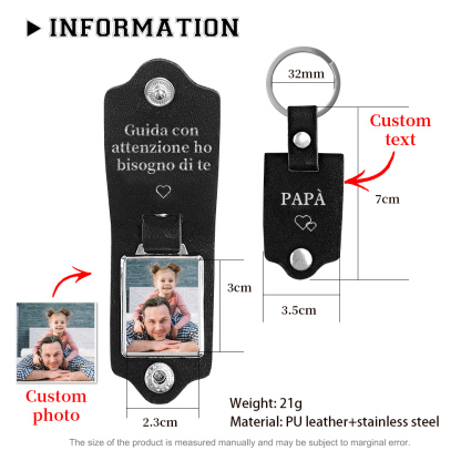 Guida con attenzione-Portachiavi Pelle 1 foto e 1 testo personalizzabili per Papà