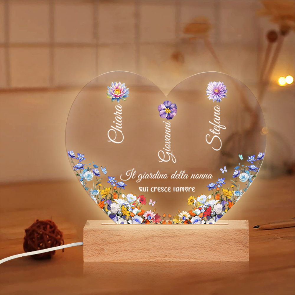 ampada Notturna Personalizzabile a Forma di Cuore – 1-8 Nomi & Fiori di Nascita – Regalo per la Festa della Mamma