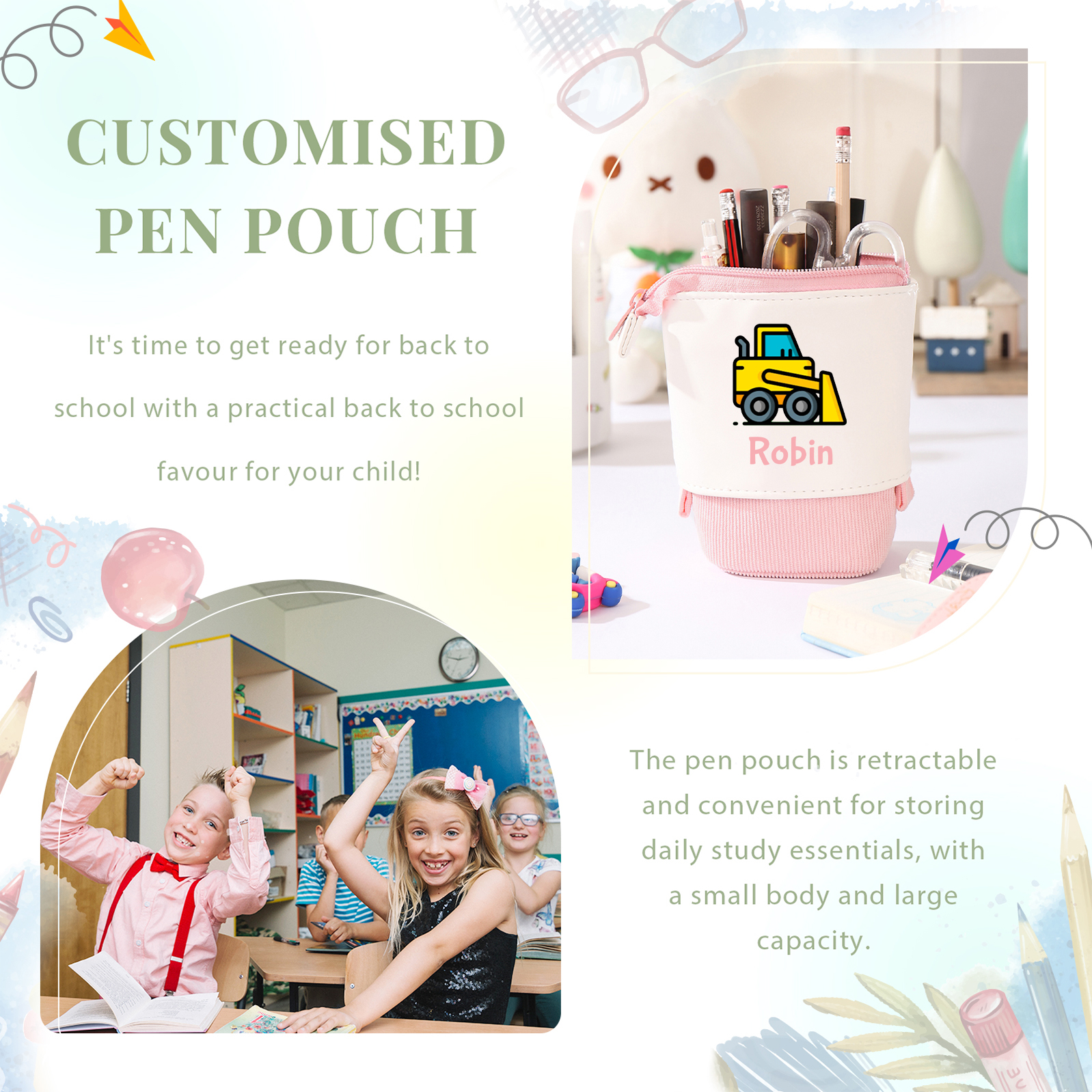 Astuccio per matite personalizzato con 1 nome e 1 veicolo da costruzione regalo per scuola elementare bambini