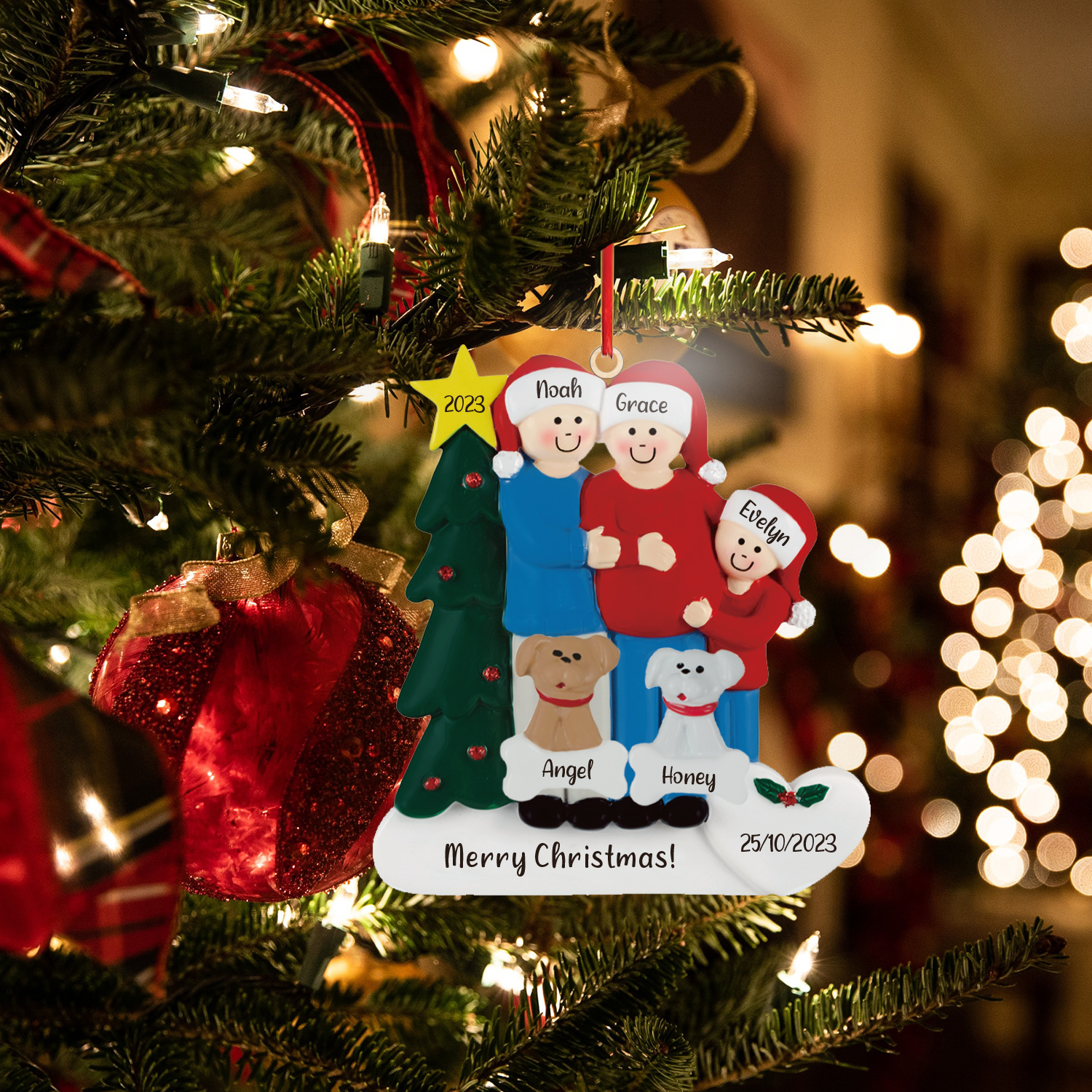 Ciondolo Familiare 2023 per albero di Natale 3 nomi e 2 cani personalizzabili