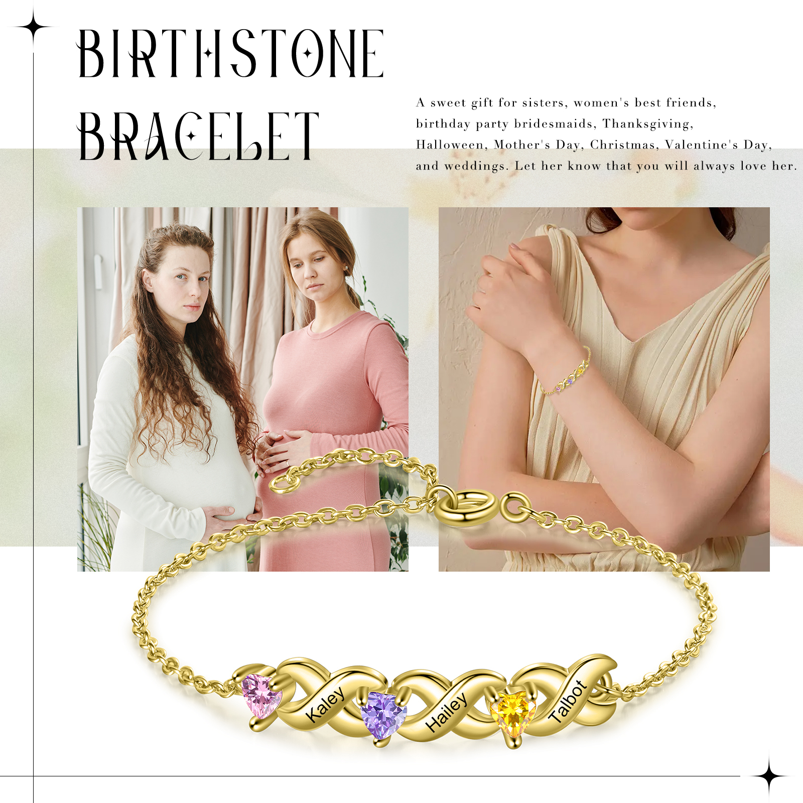 Braccialetto personalizzato con 3 nomi e 3 cuore pietre di nascita regalo per donna