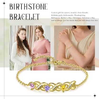 Braccialetto personalizzato con 3 nomi e 3 cuore pietre di nascita regalo per donna