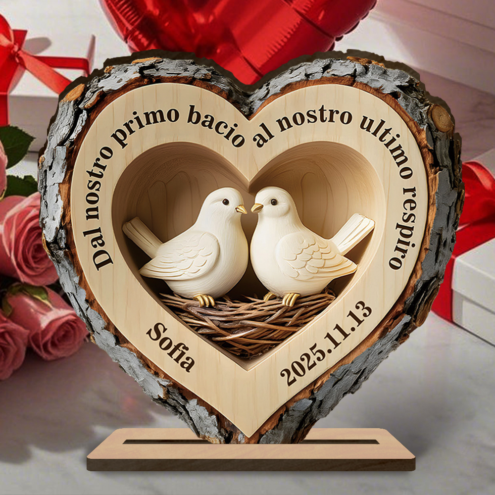 Targa in legno personalizzata con uccelli, cuore della foresta, con base stabile per coppie