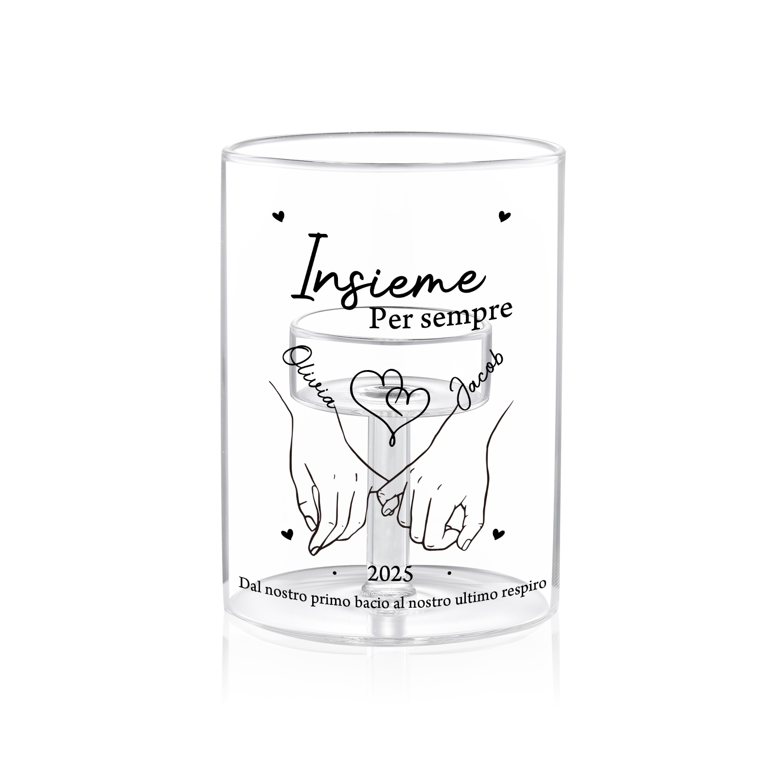 Portacandela in vetro personalizzato – Portacandela per lumino con coppia mano nella mano