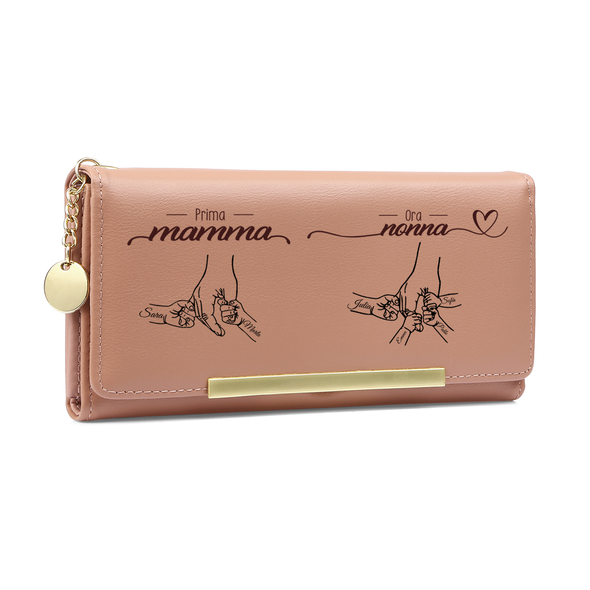 Portafoglio in PU rosa personalizzato con incisione di mani che si tengono per mano per mamma/nonna