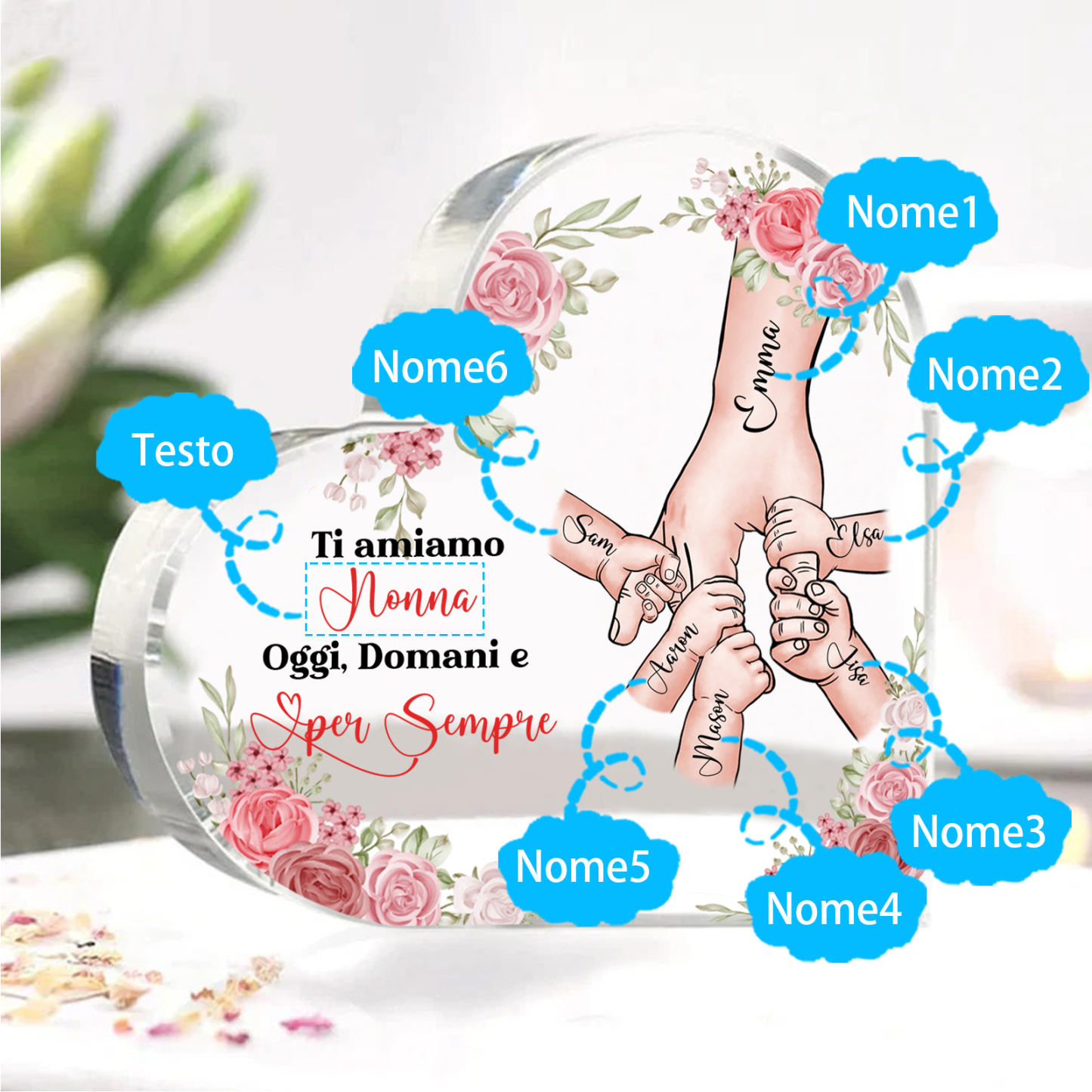 Decorazione Acrilica a Forma di Cuore Mano nella Mano Personalizzata – 6 Nomi e Testo per Nonna o Mamma | Jessemade