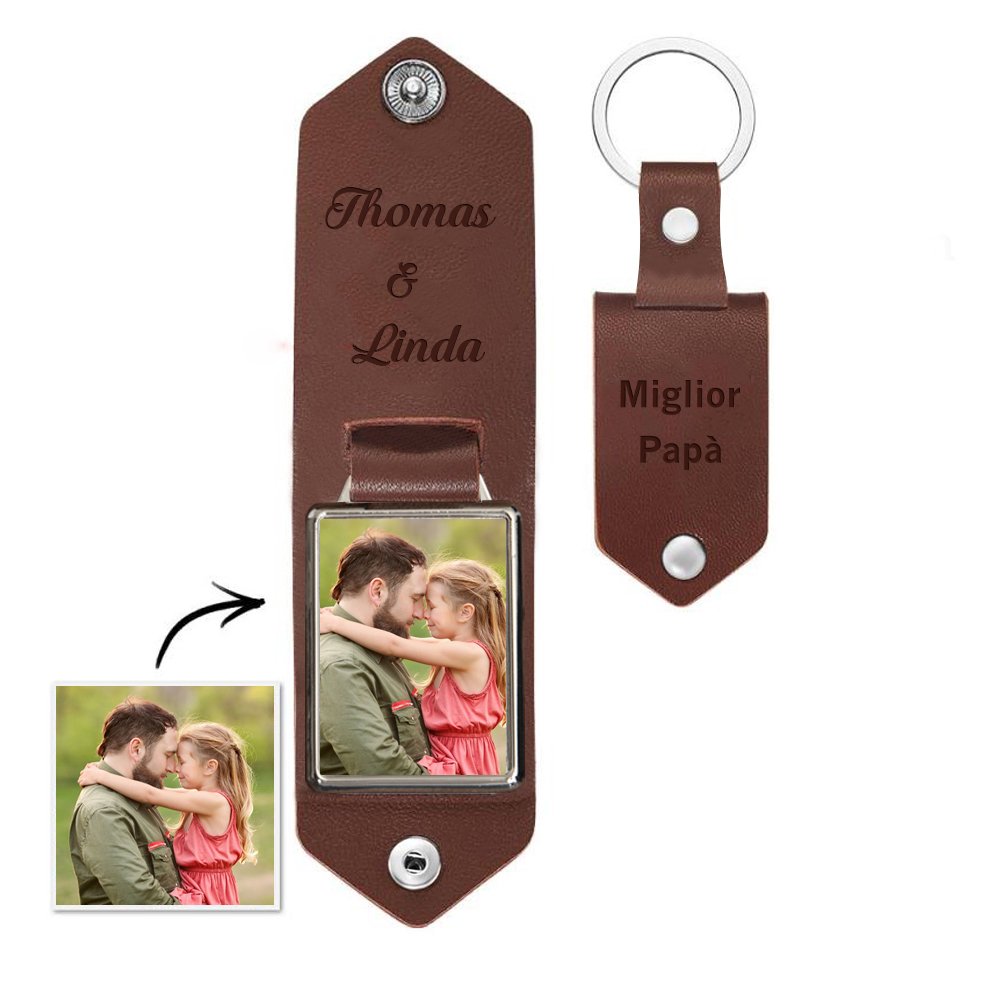 Jessemade IT Portachiavi Pelle 1 foto e 2 nomi personalizzabili regalo per Papà