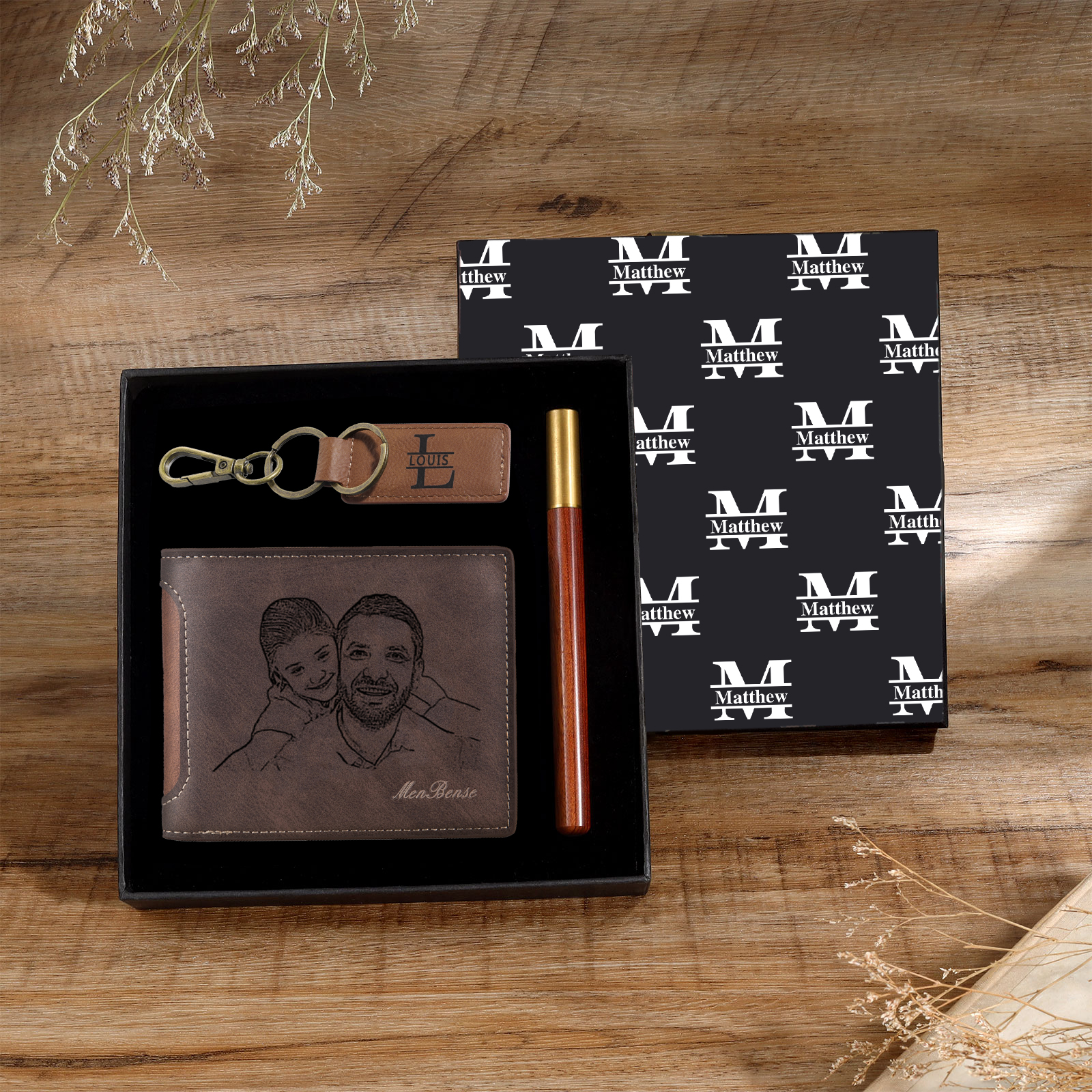 Personalized Leather Wallet Gift Box Set with Letter Name Keychain Customizable Photo and Text Wallet Gift for Him