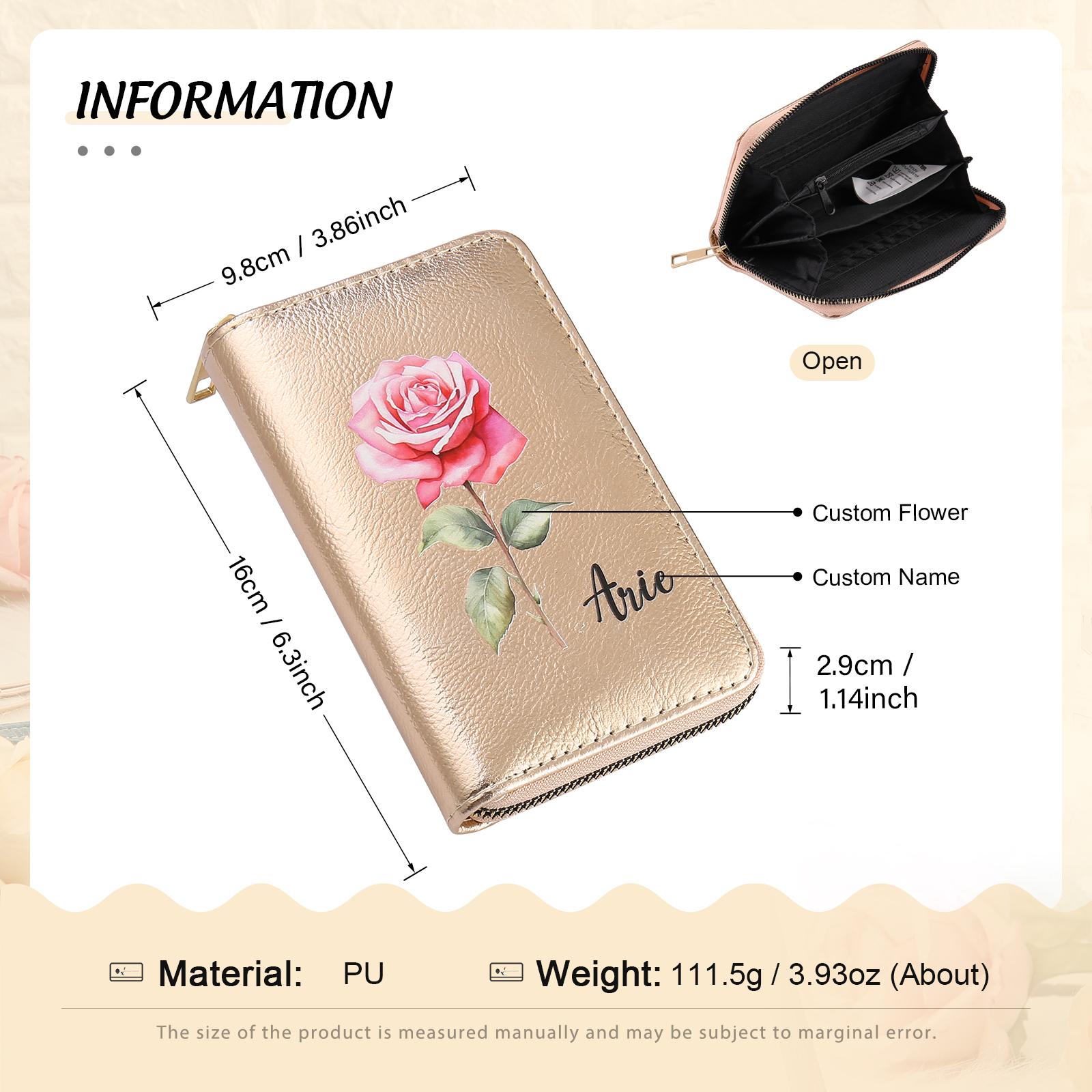 Portafoglio in PU pelle con 1 fiore di nascita & 1 nome personalizzati per mamma/nonna