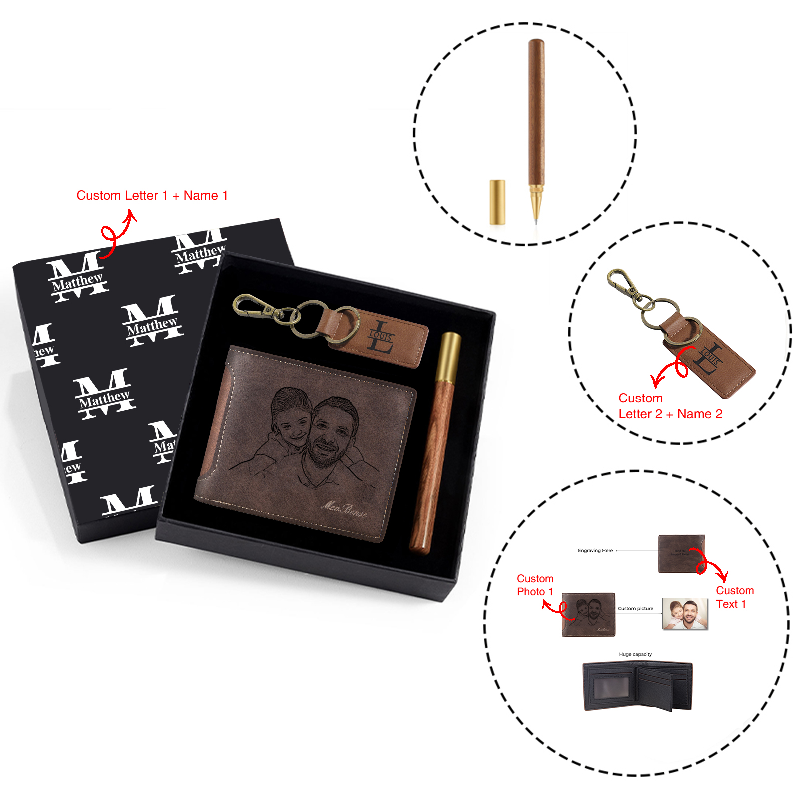 Personalized Leather Wallet Gift Box Set with Letter Name Keychain Customizable Photo and Text Wallet Gift for Him