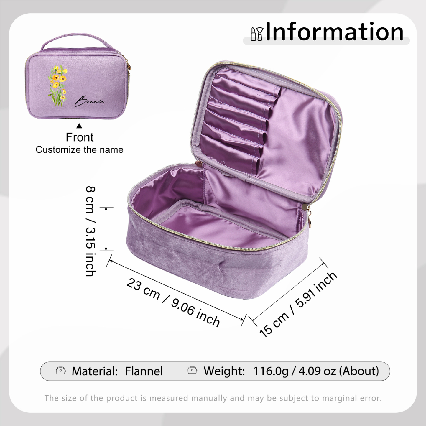 Borsa portabile per cosmetici in flanella per donna 1 nome e 1 fiore di nascita personalizzato multicolori da scegliere