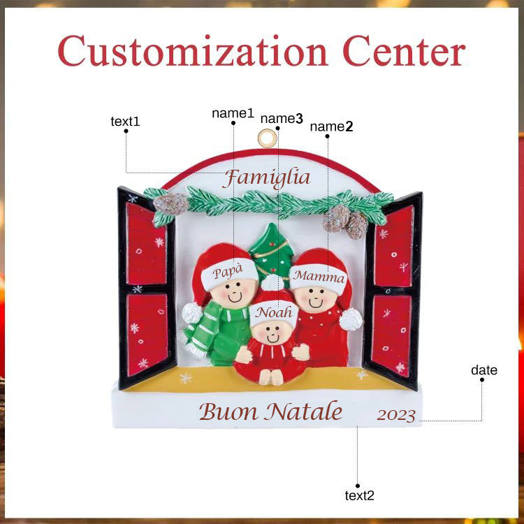 Famiglia dalla finestra-Ciondolo 2023 per albero di Natale 3 nomi personalizzabili