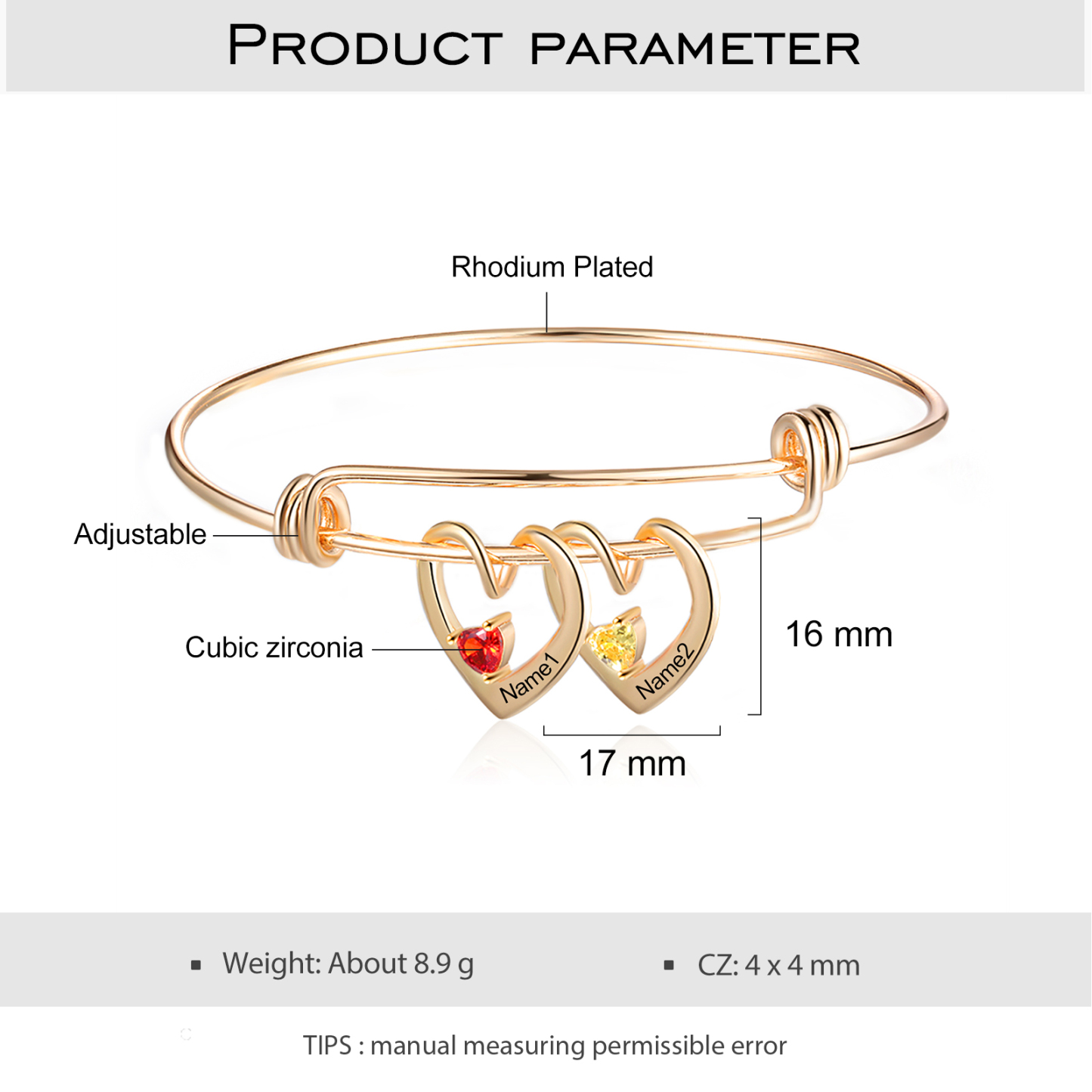 Bracciale con 2 nomi personalizzati e 2 pietre di nascita