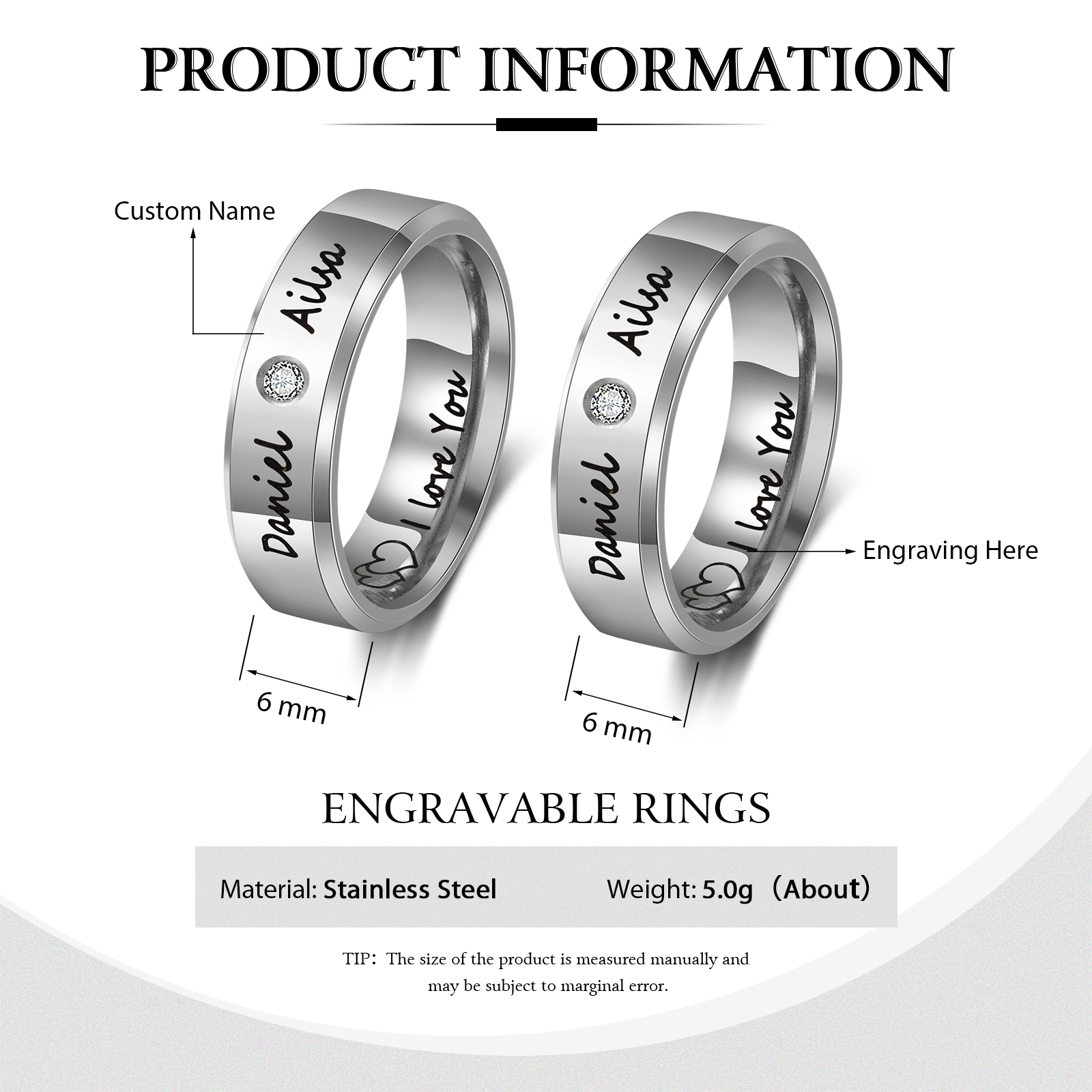 Ti Amo Alice & Luca-Anello inox a coppia 2 nomi e testo personalizzabili