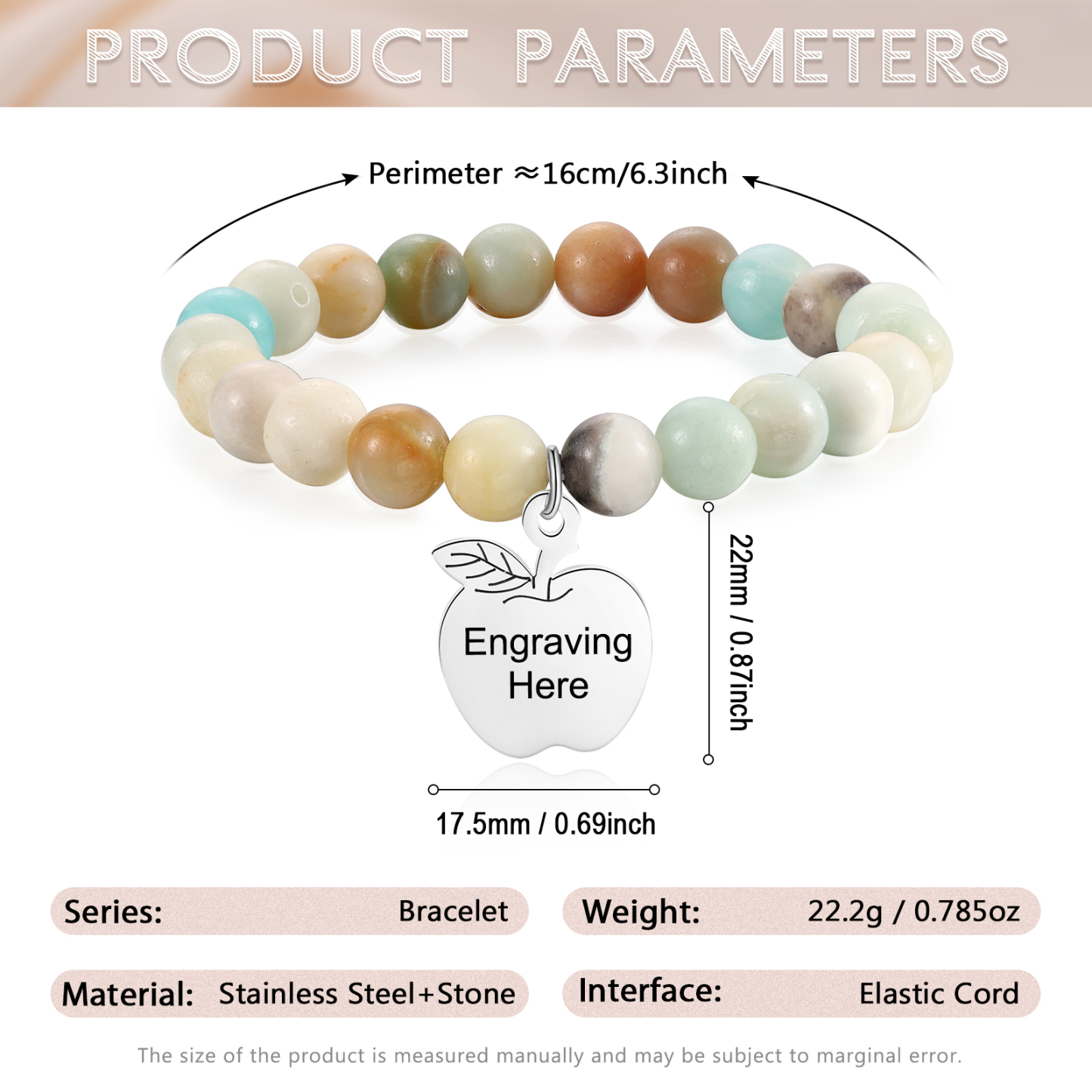 Braccialetto di pietre naturali con 1 testo personalizzato multicolori da scegliere