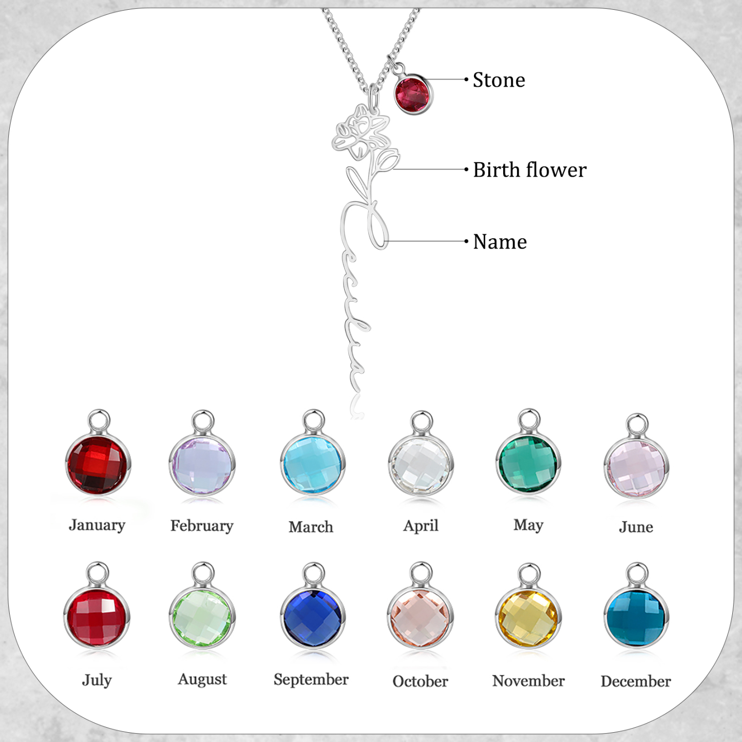 Collana 925 Argento Fiore elegante con 1 pietra di nascita e 1 nome e 1 fiore di nascita personalizzabili per donna
