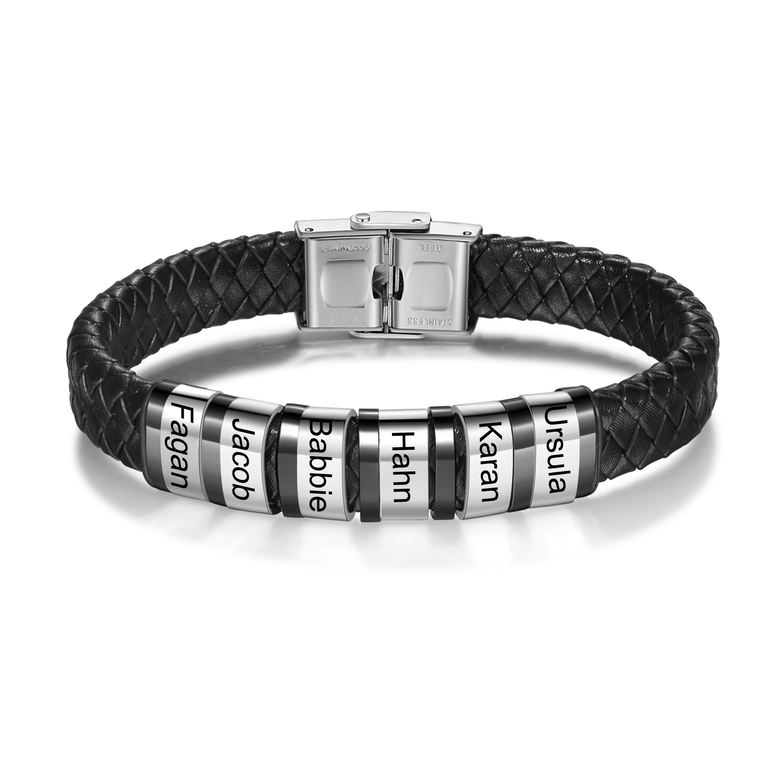 Bracciale Uomo in Pelle Nera Intrecciata – Incisione 6 Nomi Personalizzati – Idea Regalo Speciale per Papà e Lui | Jessemade