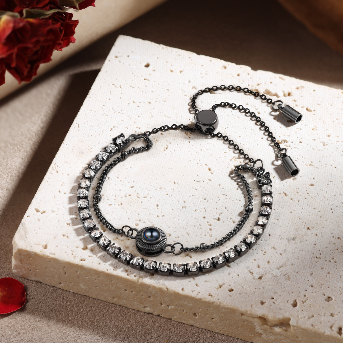 Bracciale con proiezione fotografica personalizzata e doppia fila di strass – bracciale da donna regolabile