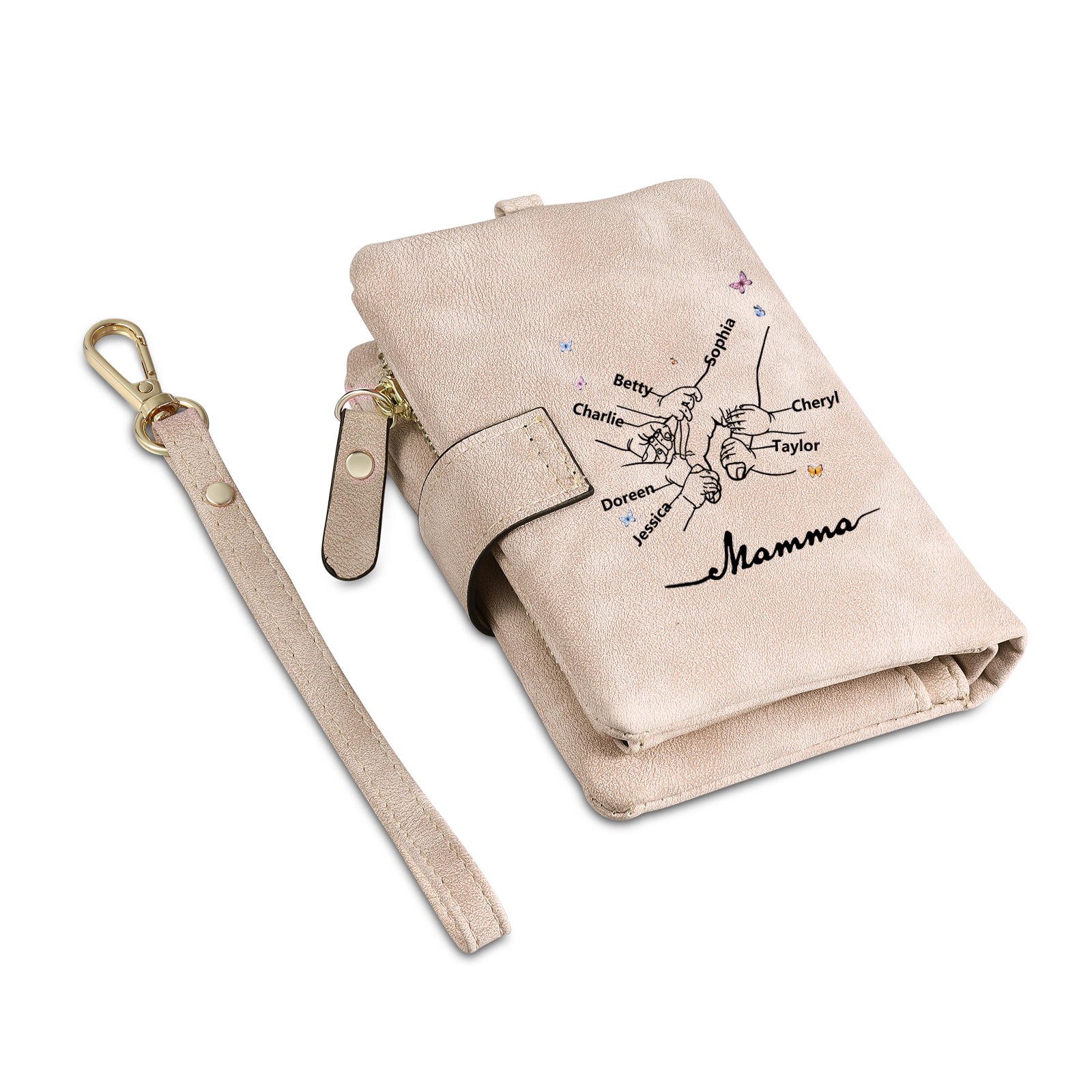 Portafoglio mano nella mano in PU pelle con 5 nomi & 1 testo & 1 lettera personalizzati per mamma