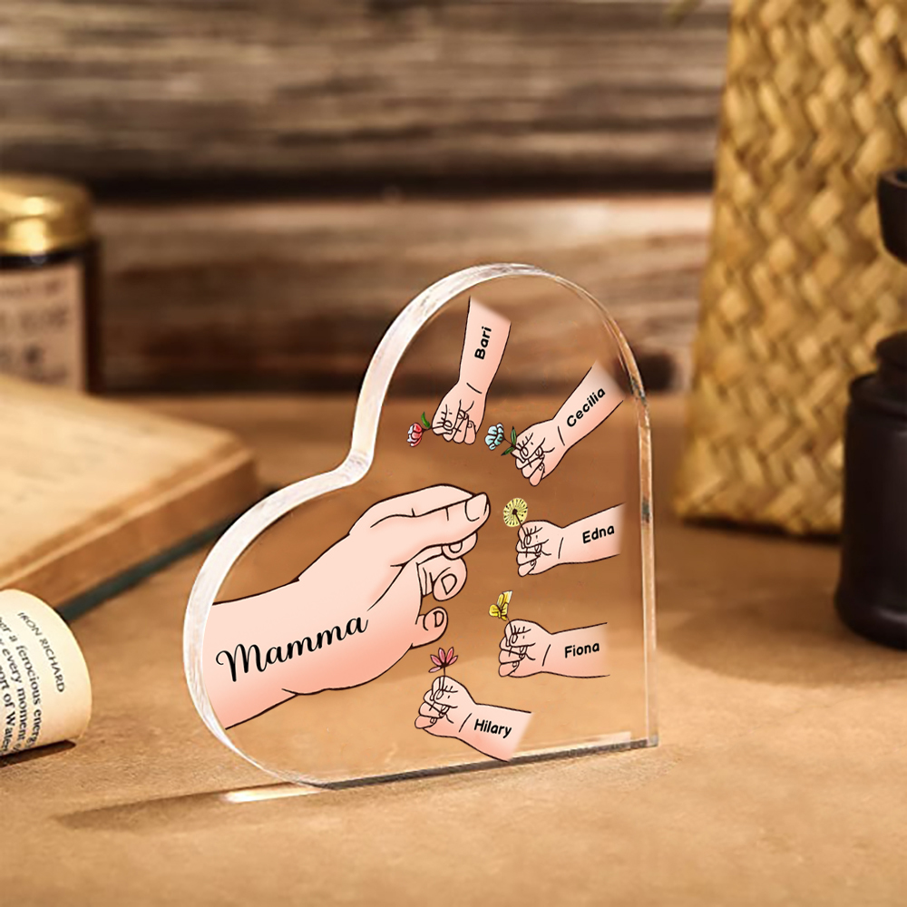 Targa acrilica personalizzata a forma di cuore "Mani" - con 1-8 nomi e fiori - Regalo per la mamma