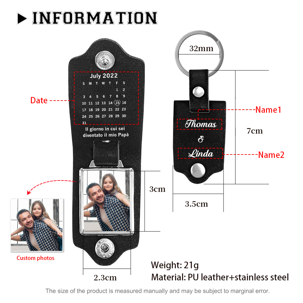Portachiavi Pelle 1 foto e 1 data e 2 nomi personalizzabili regalo per Papà