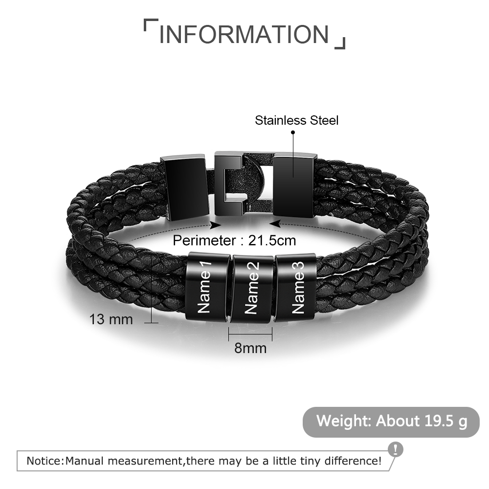 Braccialetto da uomo in pelle intrecciata 3 nomi Braccialetto maschile personalizzato per papà nonno