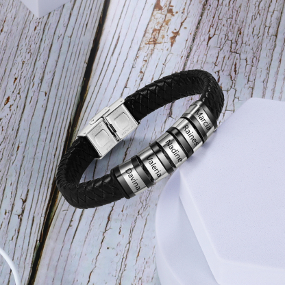Bracciale Uomo in Pelle Nera Intrecciata – Incisione 5 Nomi Personalizzati – Idea Regalo Speciale per Papà e Lui | Jessemade
